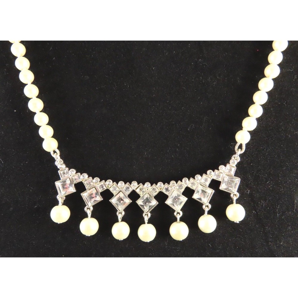 VTG Cezanne IVORY FAUX PEARL NECKLACE Silver Clear Rhinestone BAR DANGLE PENDANT